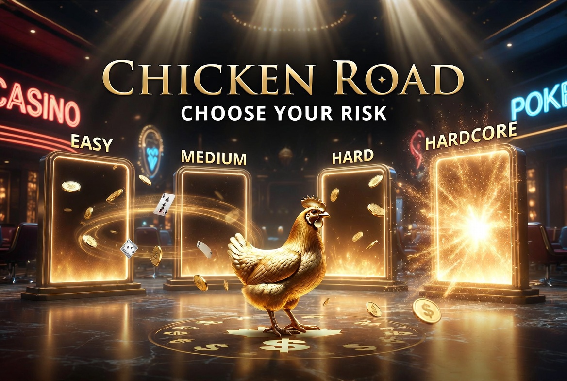 Chicken Road difficulty selection screen showing Easy Medium Hard Hardcore modes